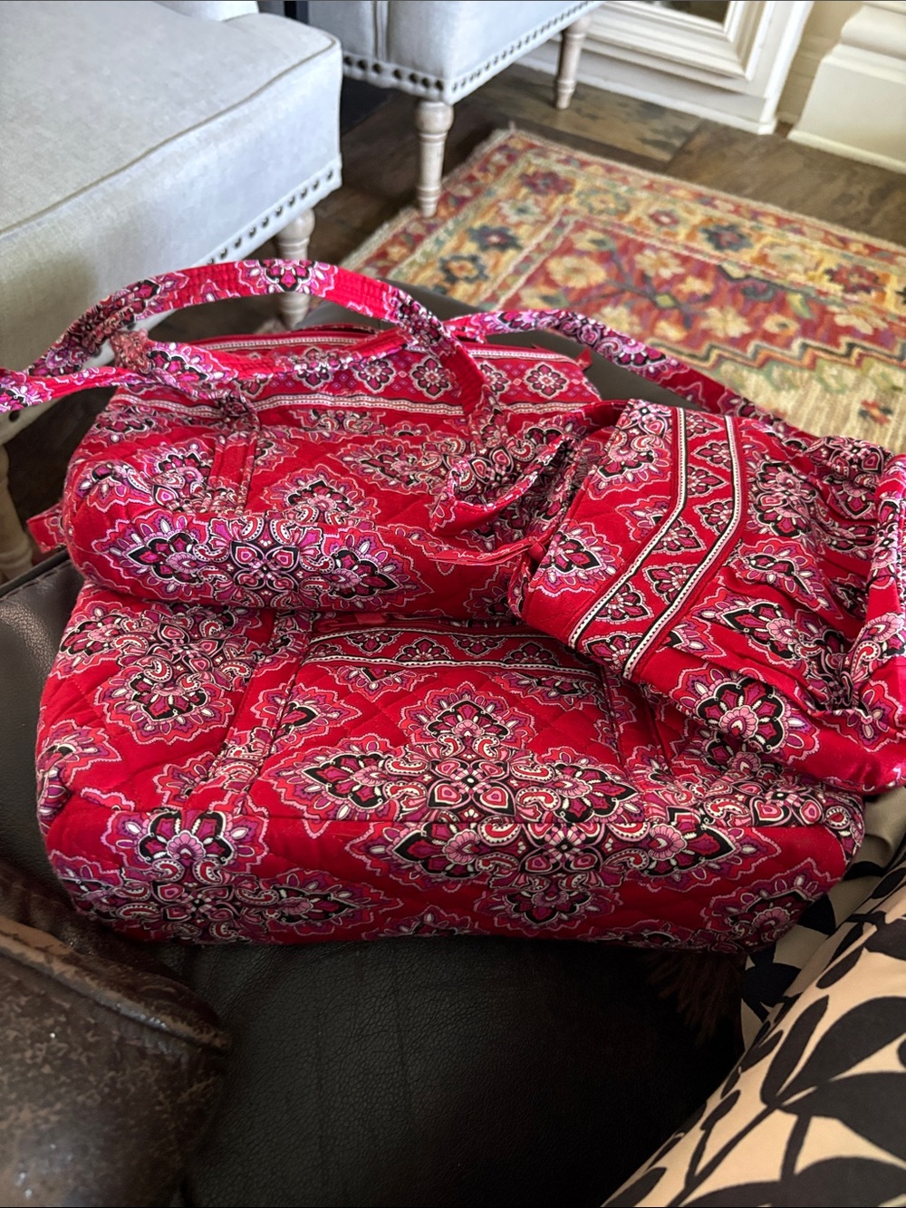 VERA BRADLEY THREE Quilted Red Floral Tote Bag